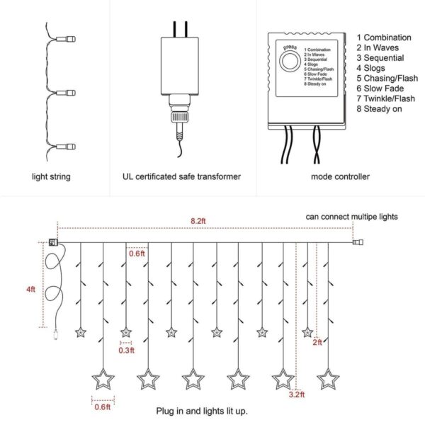 Decorative Star Curtain LED Lights - 12 Star 138 LED 8 Flashing Modes - Warm White - Image 8