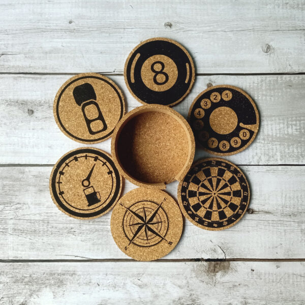 Cork Coaster Set with Coaster Holder - Set of 6 - Printed